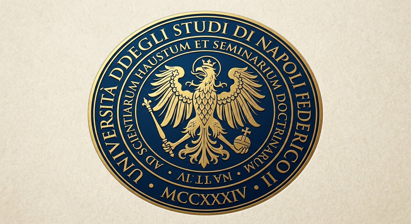 University of Naples Federico II official logo, circular emblem featuring the imperial eagle of Frederick II with the Latin motto Ad scientiarum haustum et seminarium doctrinarum, blue and gold color scheme