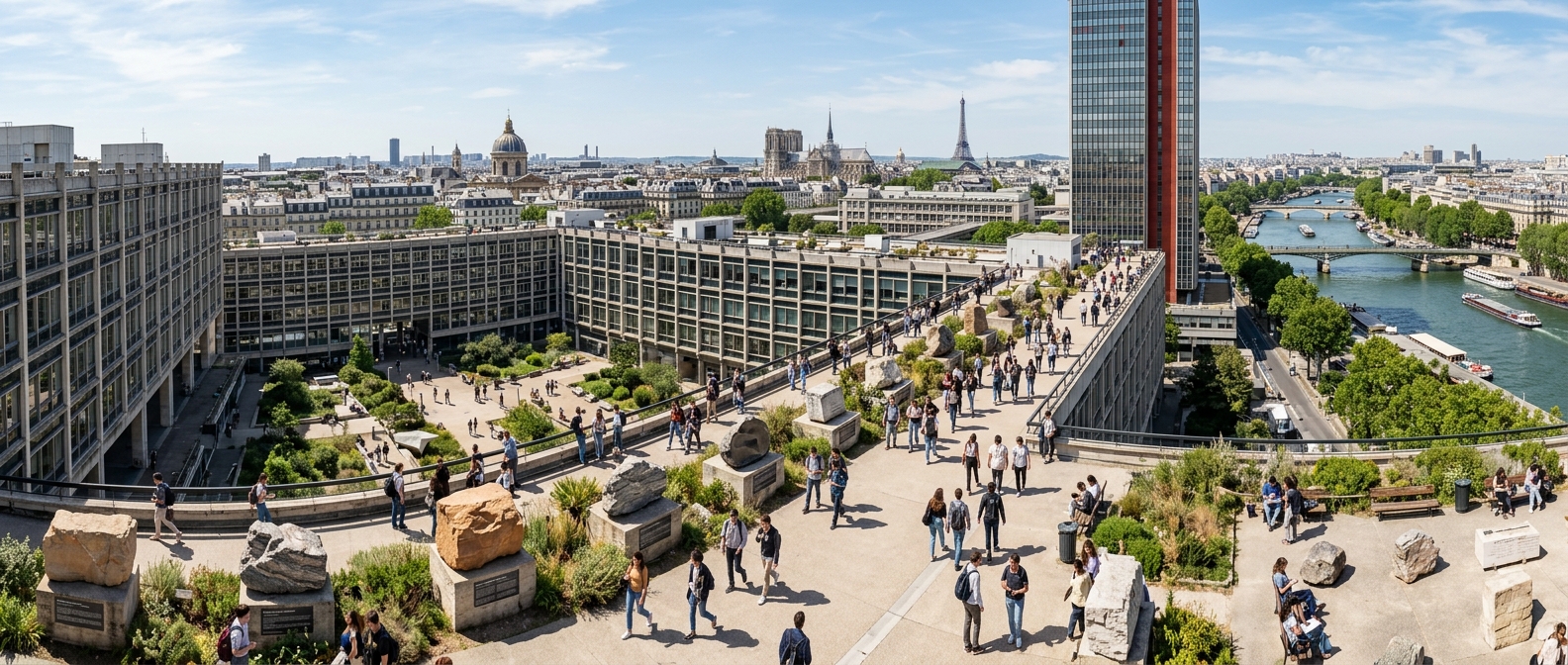 Panoramic view of the Jussieu Campus of Sorbonne University in Paris, modern science buildings with glass facades, students walking through courtyards, geological rock specimens on display, with the Parisian skyline and Seine River in the background