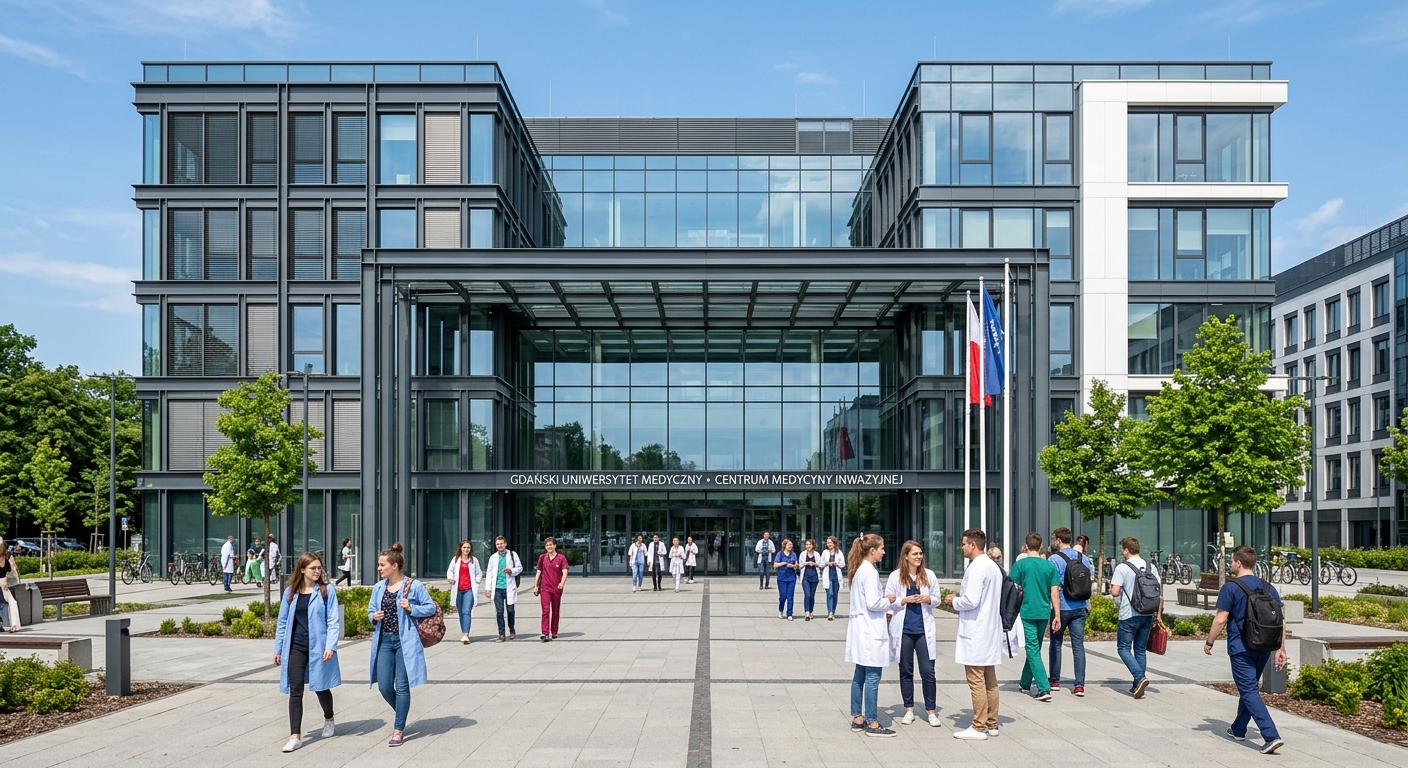 Medical University of Gdansk Invasive Medicine Centre, modern glass and steel hospital building, wide entrance plaza, students walking, sunny day