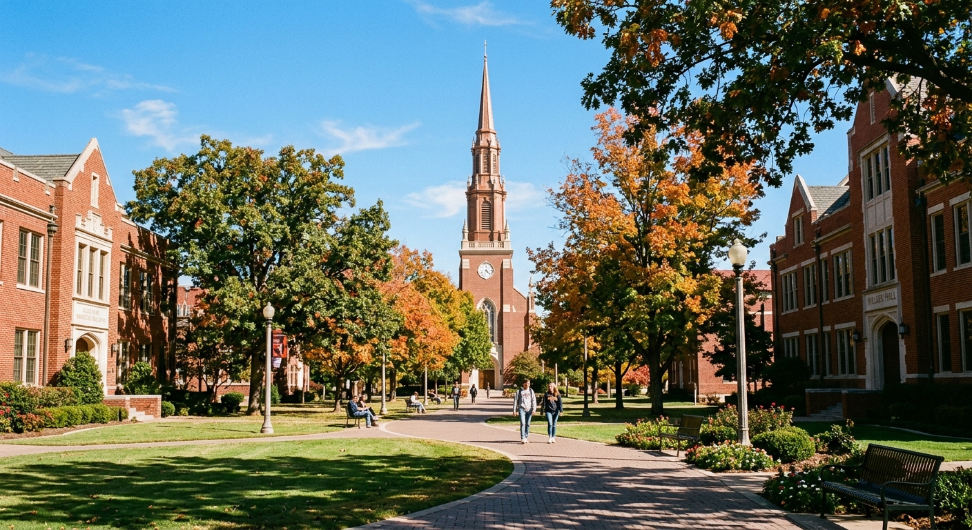 Oklahoma City University campus with historic red-brick buildings, tree-lined walkways, and the Bishop W. Angie Smith Chapel in the background under a clear blue Oklahoma sky