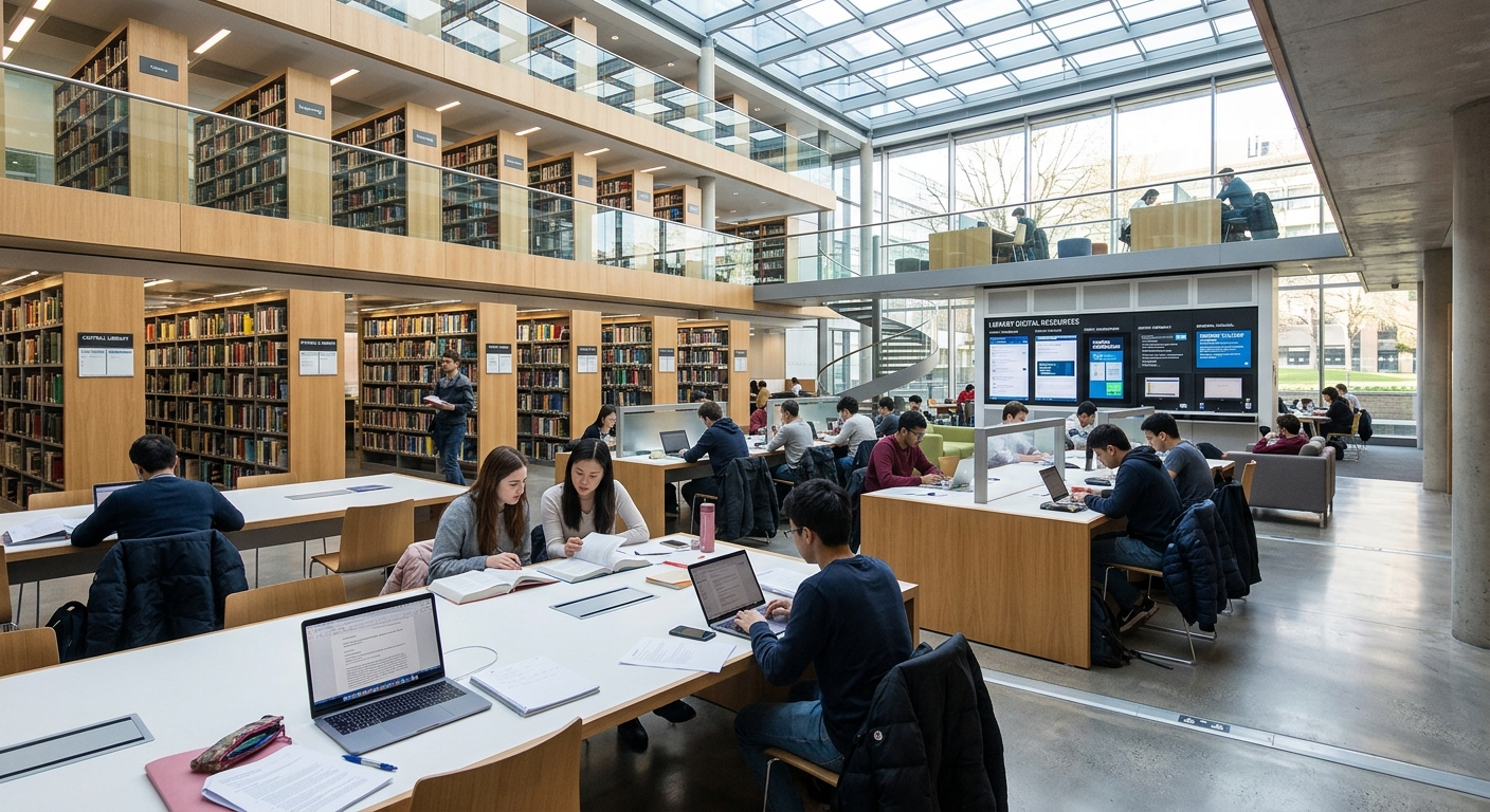 Imperial College London Central Library interior, modern study spaces with natural light, students studying at desks, bookshelves and digital resources