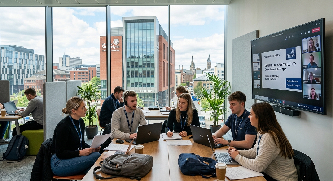 University of Strathclyde campus in Glasgow with modern Lord Hope Building, students studying in a collaborative online learning environment, digital screens showing youth justice topics, Scottish cityscape in background