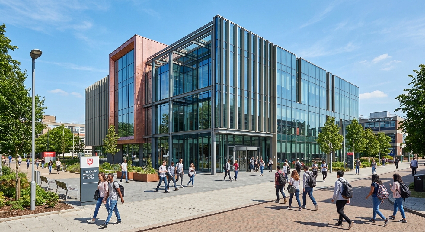 David Wilson Library at University of Leicester, modern glass and steel architecture, students walking outside, bright daylight with clear sky