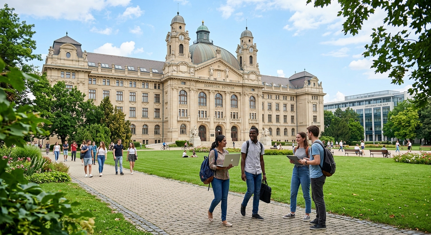 University of Debrecen main campus neo-Baroque building with green lawns, international students walking with laptops, Faculty of Informatics in background, sunny day in Debrecen Hungary