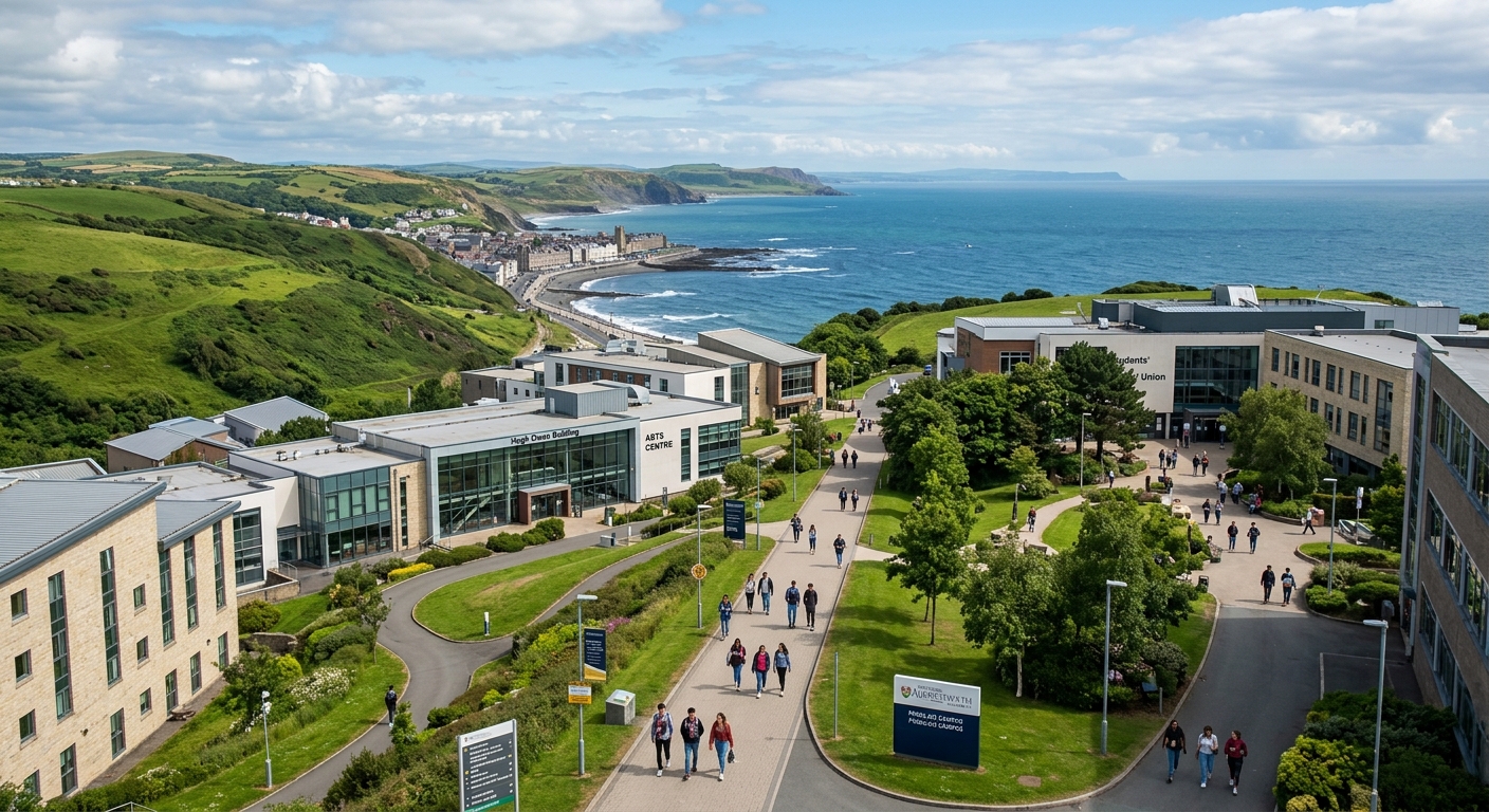 Aberystwyth University Penglais Campus overlooking Cardigan Bay and the Welsh coastline, modern university buildings surrounded by green hills, students walking along campus pathways with the sea visible in the background