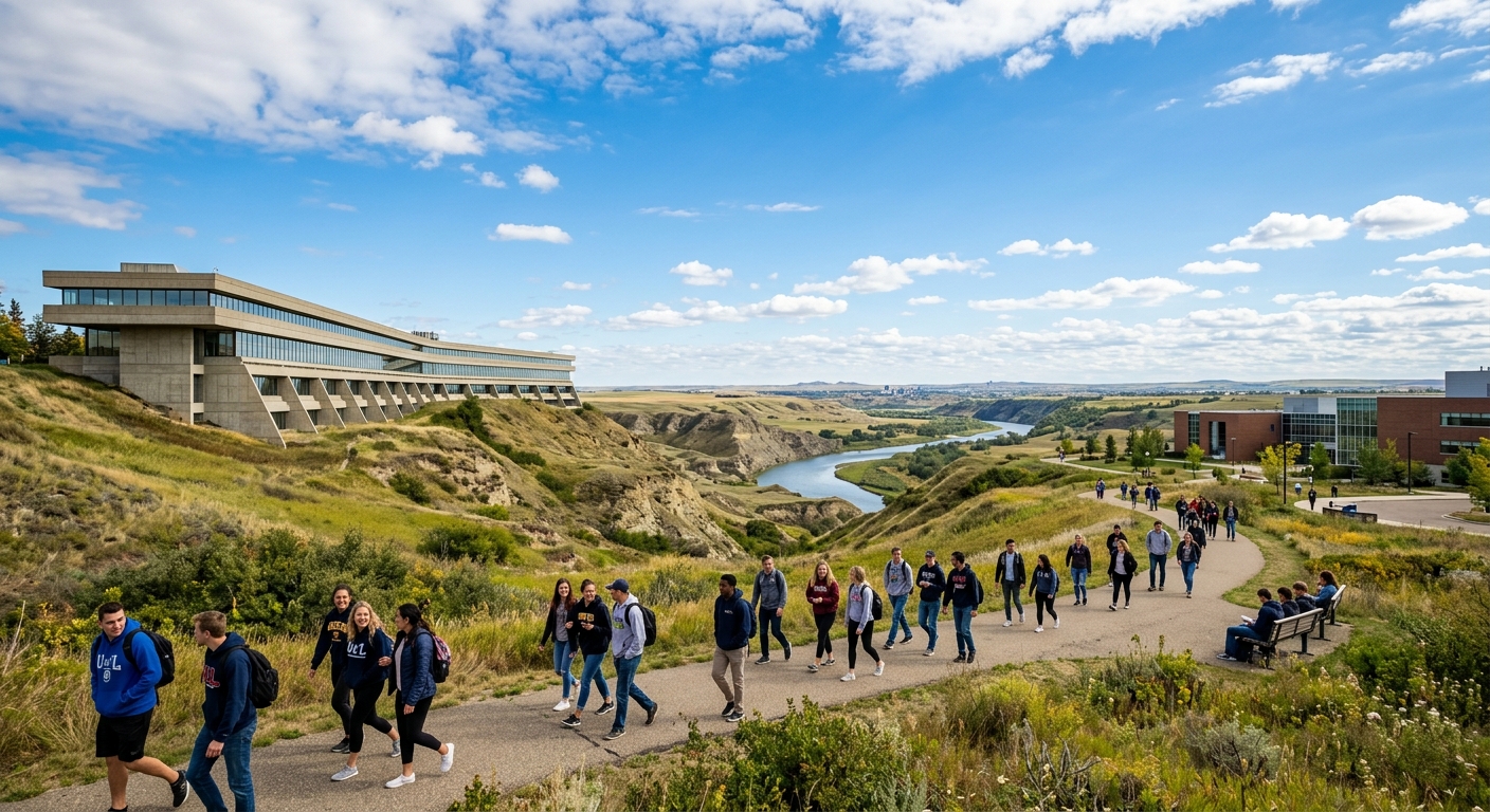 University of Lethbridge campus overlooking the Oldman River valley in southern Alberta, modern Arthur Erickson designed building with prairie landscape, students walking on campus pathways under blue sky