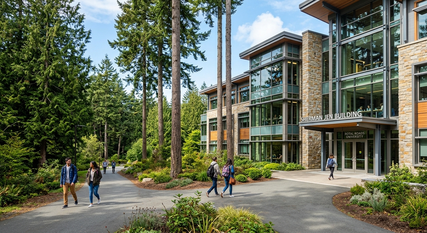 Sherman Jen Building at Royal Roads University, modern academic building with glass and stone exterior, students walking along pathways surrounded by tall evergreen trees
