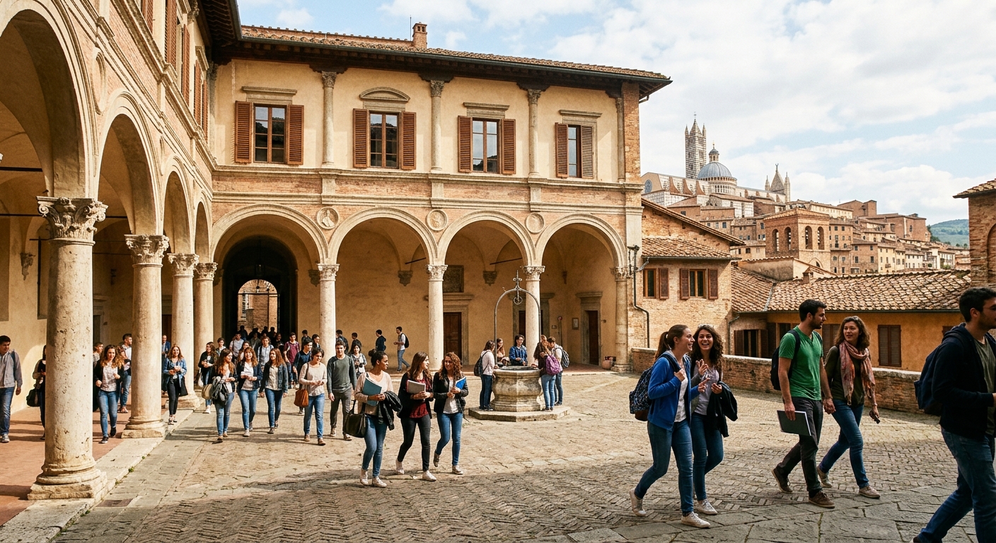 Historic University of Siena campus building with Renaissance architecture in Tuscany, students walking through a sunlit courtyard with arched corridors and terracotta rooftops in the background