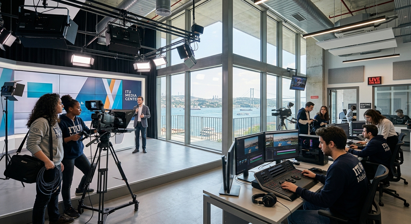 Modern university campus in Istanbul with a professional television studio and film production equipment, students working on cameras and editing stations, bright contemporary architecture with the Bosphorus visible in the background