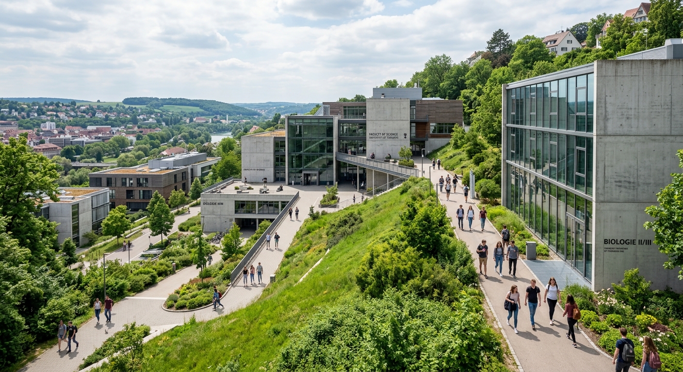 Modern Morgenstelle science campus of the University of Tübingen, contemporary concrete and glass buildings on a green hillside, students walking between buildings