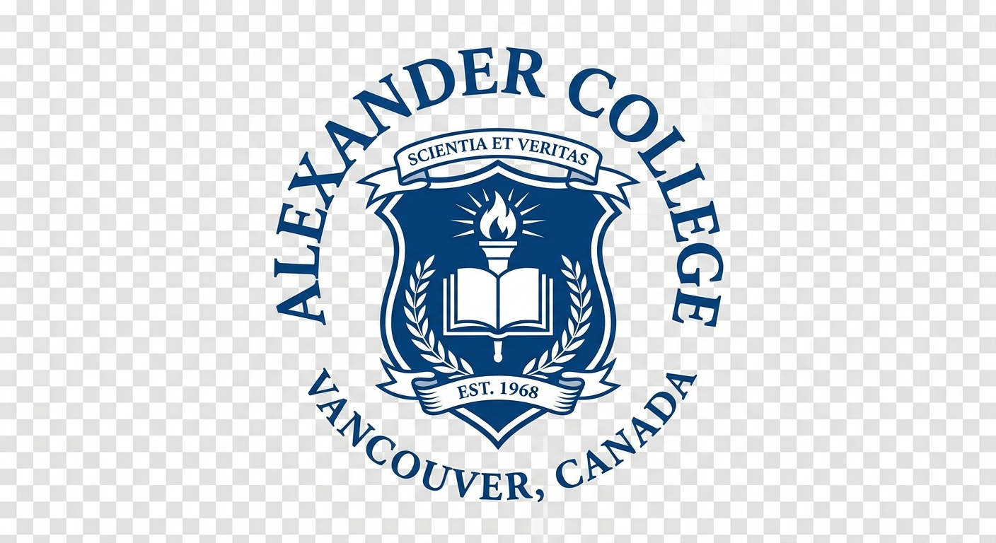 Alexander College official logo, stylized text with academic emblem, blue and white color scheme on transparent background