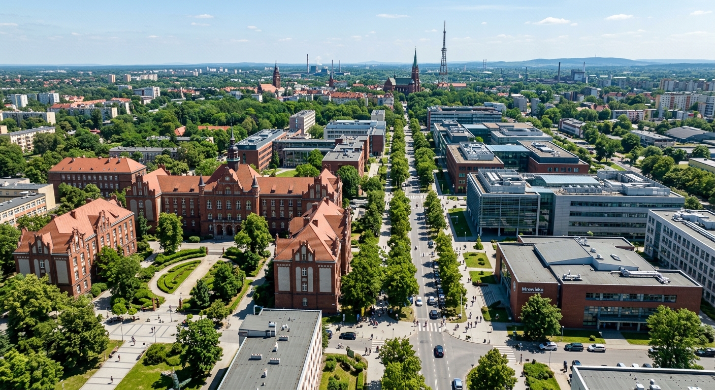 Aerial view of Silesian University of Technology main campus in Gliwice Poland, red-brick academic buildings along tree-lined Akademicka Street, modern lecture halls and laboratories, green courtyards, city skyline in background under clear blue sky
