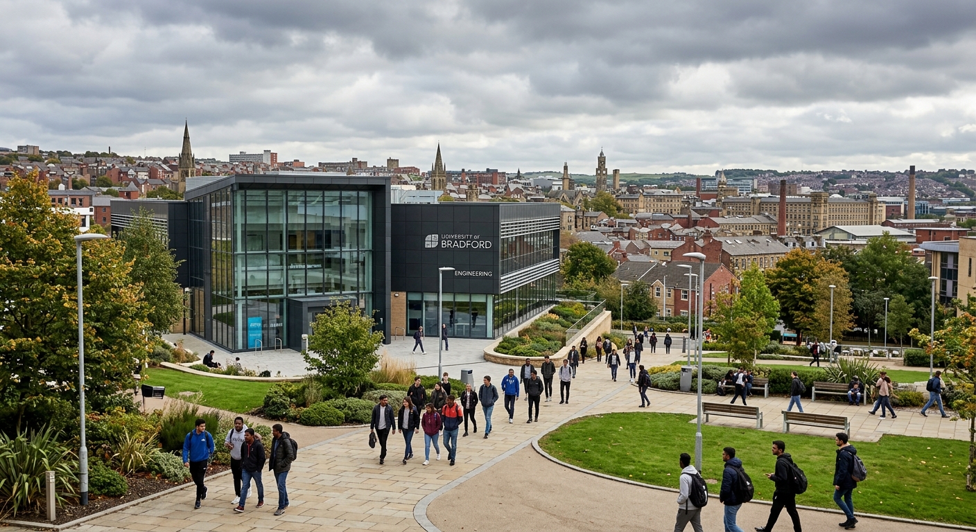 University of Bradford campus engineering building with modern architecture, students walking along pathways, green spaces and West Yorkshire cityscape in the background, overcast British sky