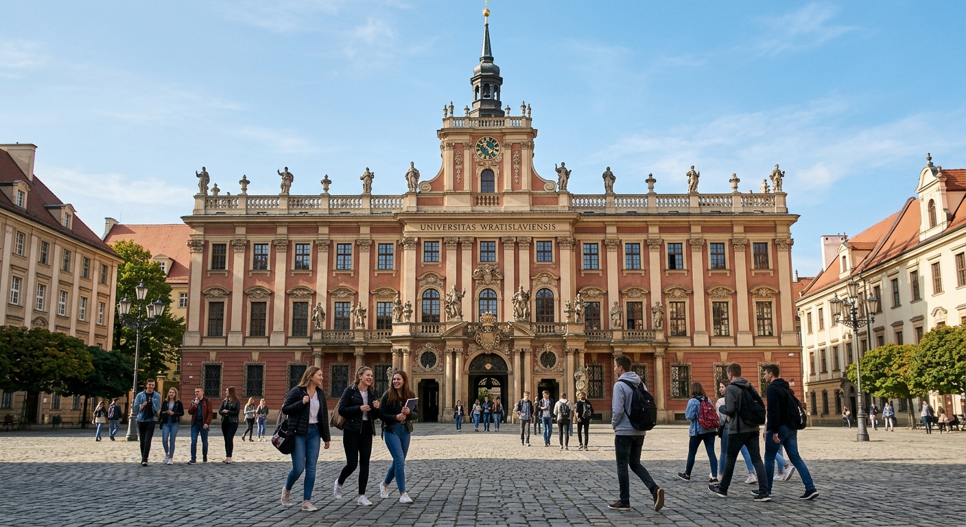Historic baroque University of Wroclaw main building with ornate facade, students walking across cobblestone courtyard, European architecture, sunny day in Wroclaw Poland
