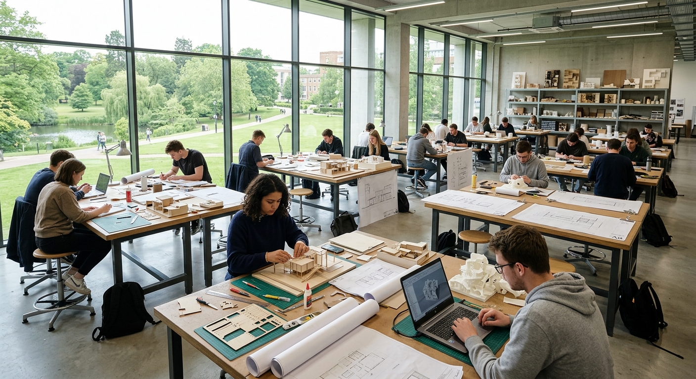 Modern architecture studio at University of Roehampton London, students working on architectural models and drawings, bright natural light, design materials and 3D printed models on tables, green parkland campus visible through large windows