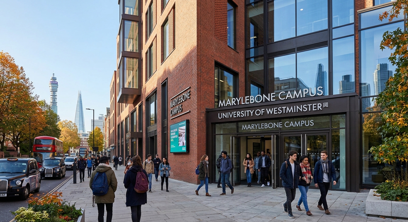 University of Westminster Marylebone campus in central London, modern brick building with large windows, students walking through the entrance, city skyline visible in background, autumn day with clear sky
