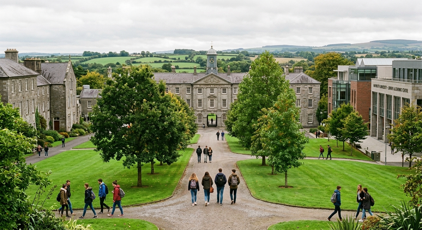 Historic Maynooth University campus with Georgian stone buildings and modern facilities, lush green lawns, students walking along tree-lined paths, Irish countryside visible in background, overcast sky typical of Ireland