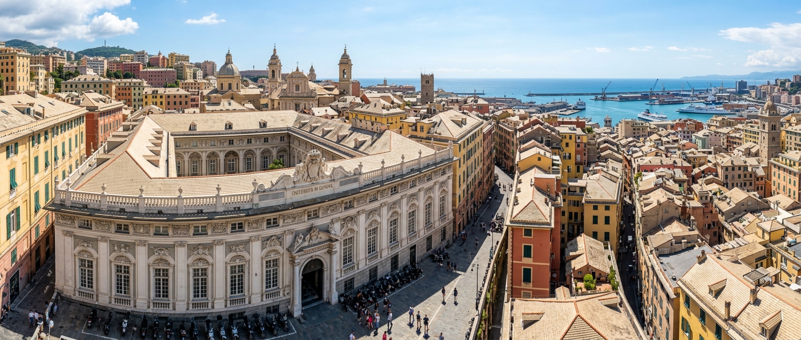 Panoramic view of the University of Genoa historic Via Balbi campus building with baroque architecture, set against the Ligurian coastline and colorful Mediterranean buildings of Genoa, Italy