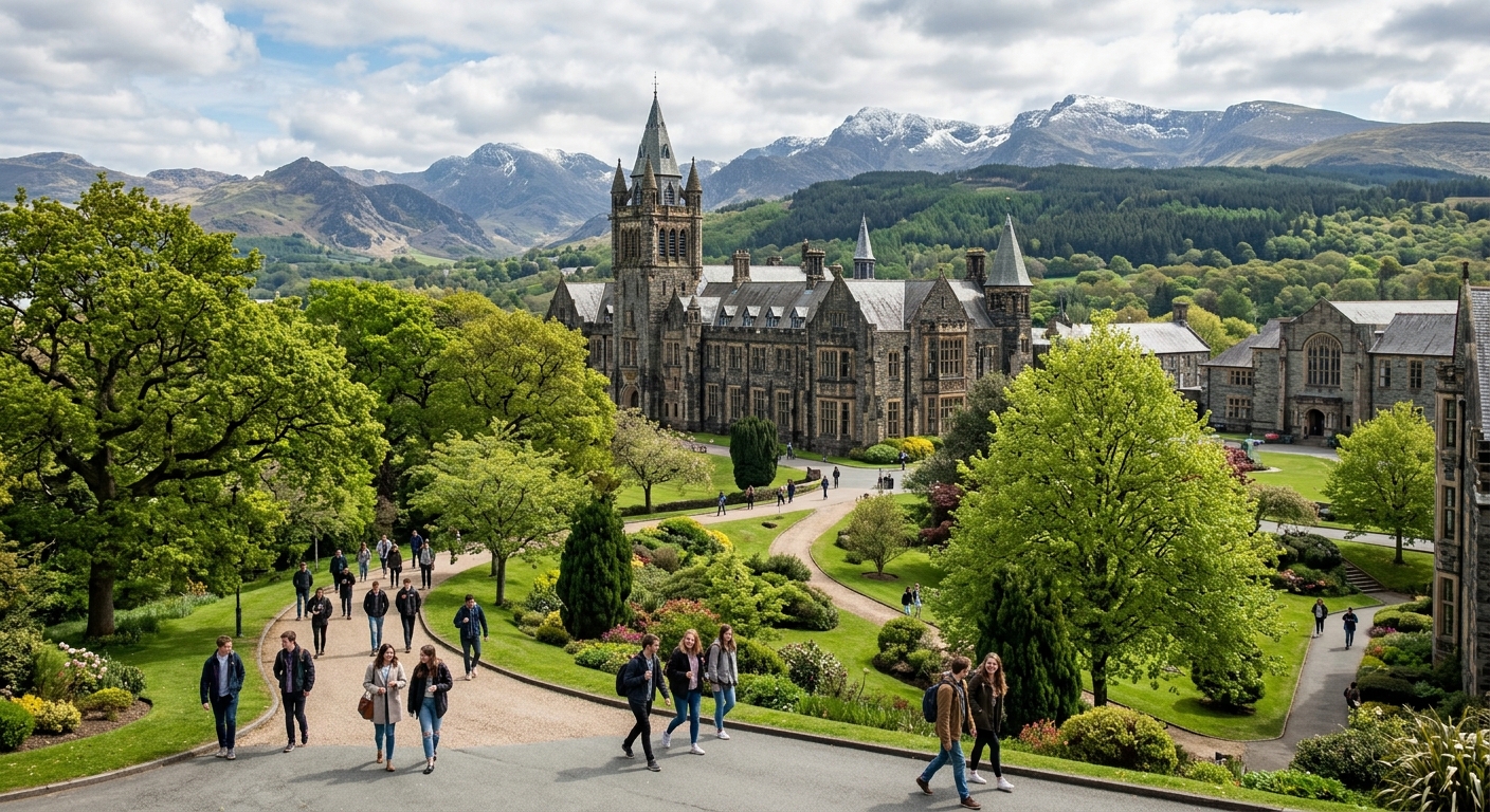 Historic Bangor University campus with the New Arts building surrounded by lush green hills, Snowdonia mountains in the background, students walking along tree-lined paths in North Wales