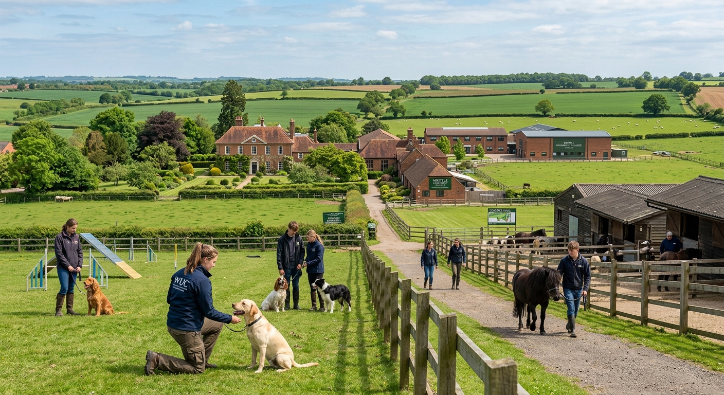 Scenic rural campus of Writtle University College in Essex countryside, featuring green pastures, animal management facilities, students working with companion animals outdoors, traditional English college buildings surrounded by farmland