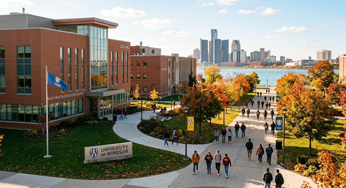 University of Windsor campus in Ontario Canada, modern brick academic buildings with green lawns, students walking along tree-lined pathways, Detroit River visible in background, warm autumn light