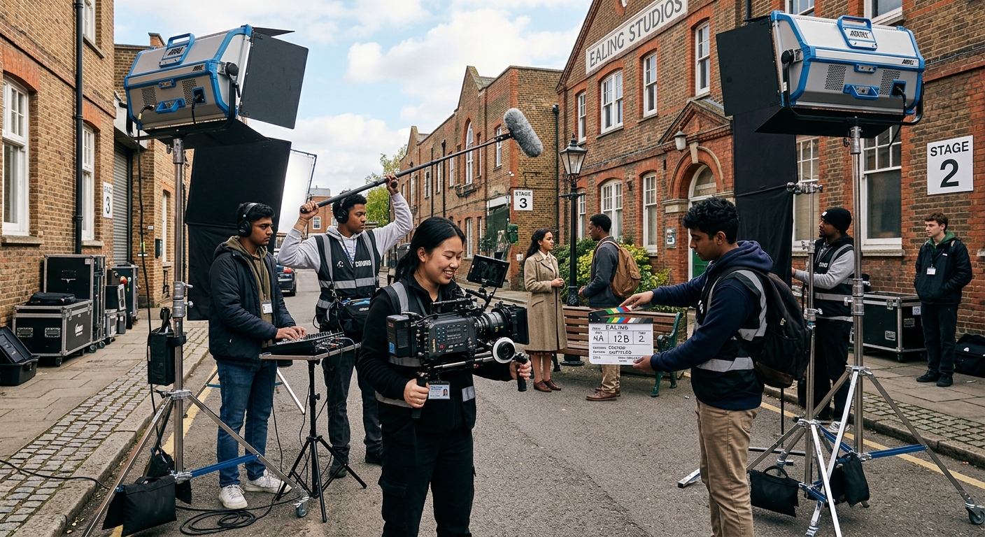Students filming on set at Ealing Studios London, professional camera equipment and lighting rigs, collaborative filmmaking environment with diverse crew members working together, historic studio building in background