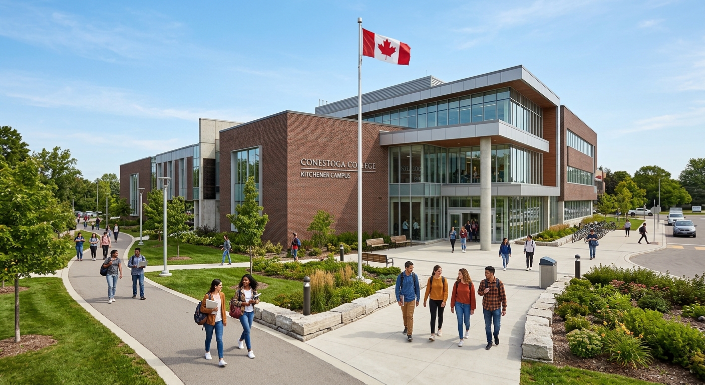 Modern Conestoga College campus building in Kitchener, Ontario with students walking along pathways, green landscaping, Canadian flag, and contemporary glass-and-brick architecture under clear blue sky