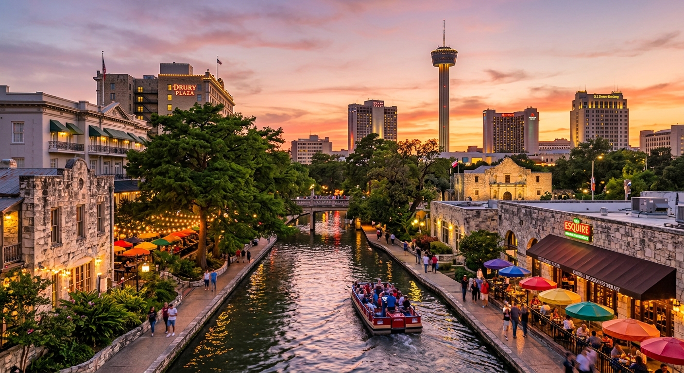 San Antonio Texas skyline at sunset with the Tower of the Americas, the River Walk lit by warm lights, historic buildings, and lush green trees along the San Antonio River