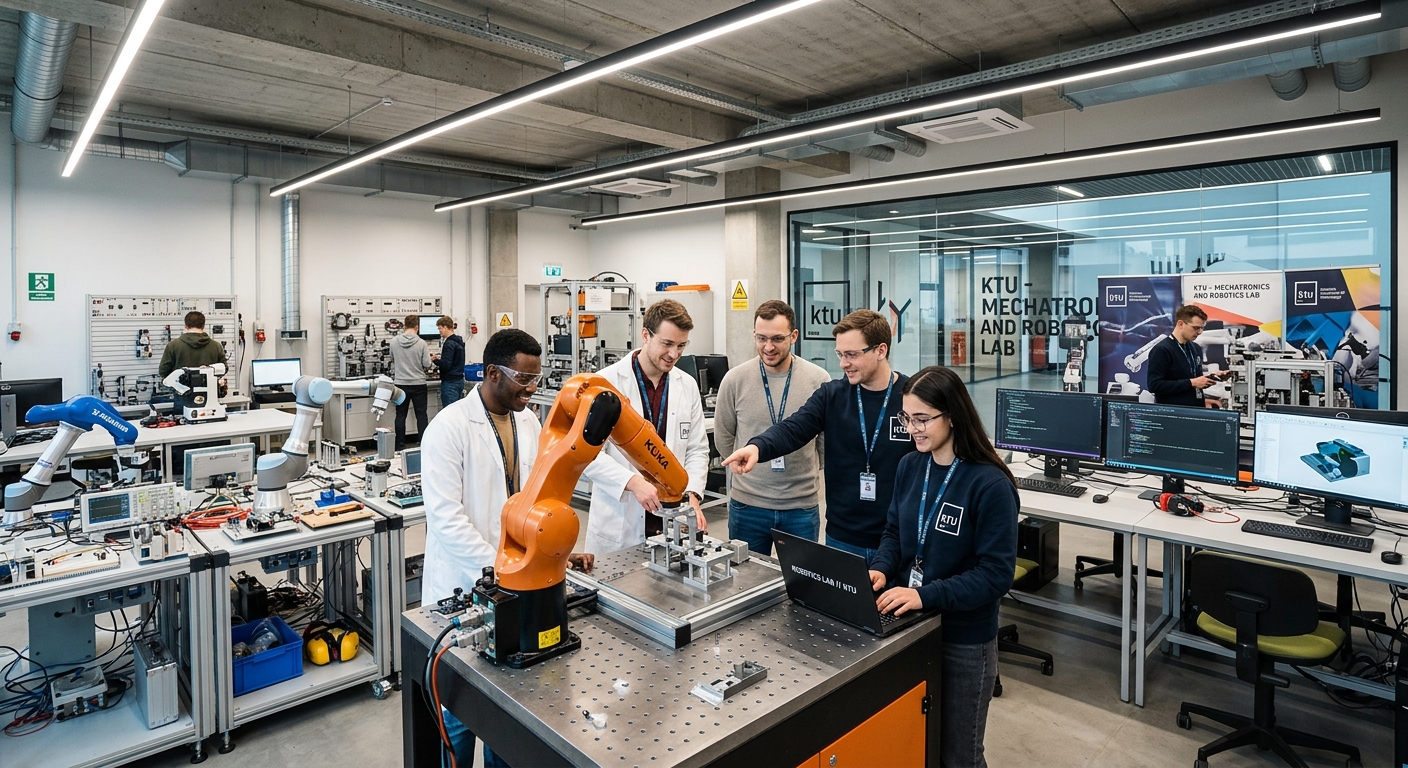 Modern engineering laboratory at Kaunas University of Technology with students working on robotic arms and mechatronic systems, industrial equipment visible, bright LED lighting, collaborative workspace atmosphere
