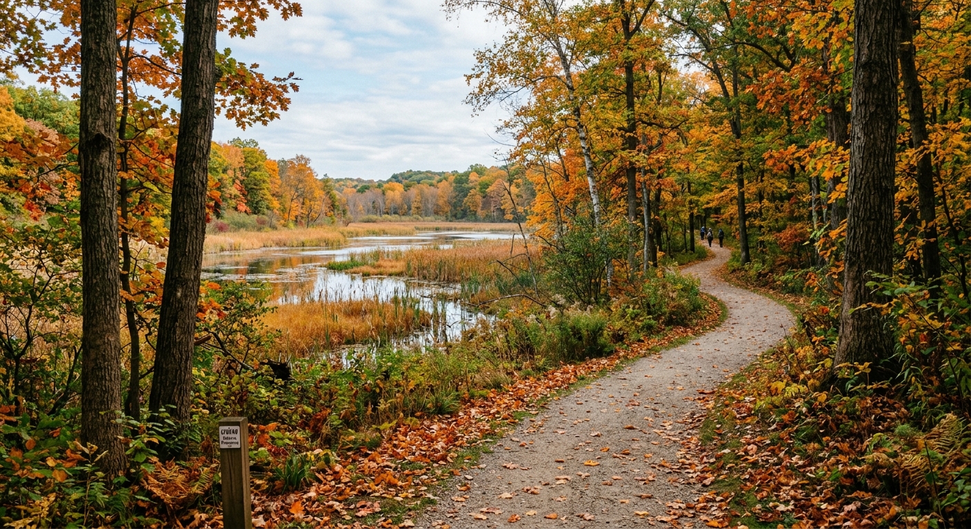UW-Whitewater Nature Preserve, scenic trail winding through wooded area with autumn foliage, wetlands visible in background, peaceful natural setting