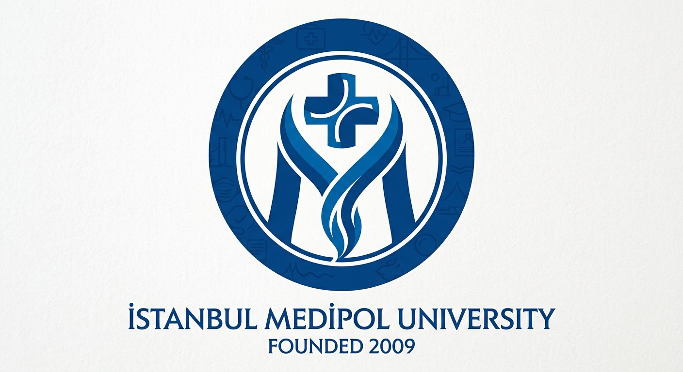 Istanbul Medipol University official logo, blue and white emblem with stylized M and medical cross motif