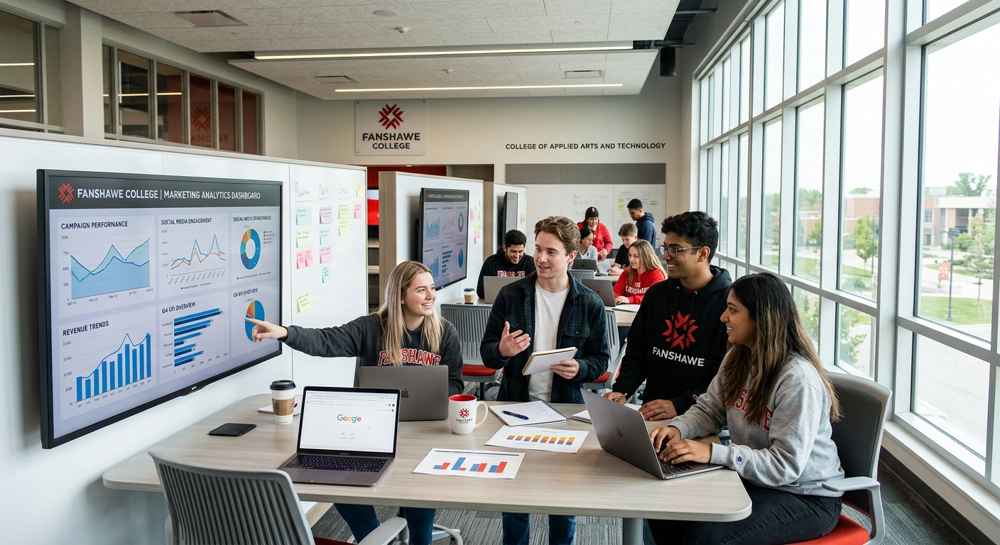 Modern Fanshawe College campus in London Ontario, students collaborating in a bright marketing classroom with digital screens displaying analytics dashboards, natural light streaming through large windows
