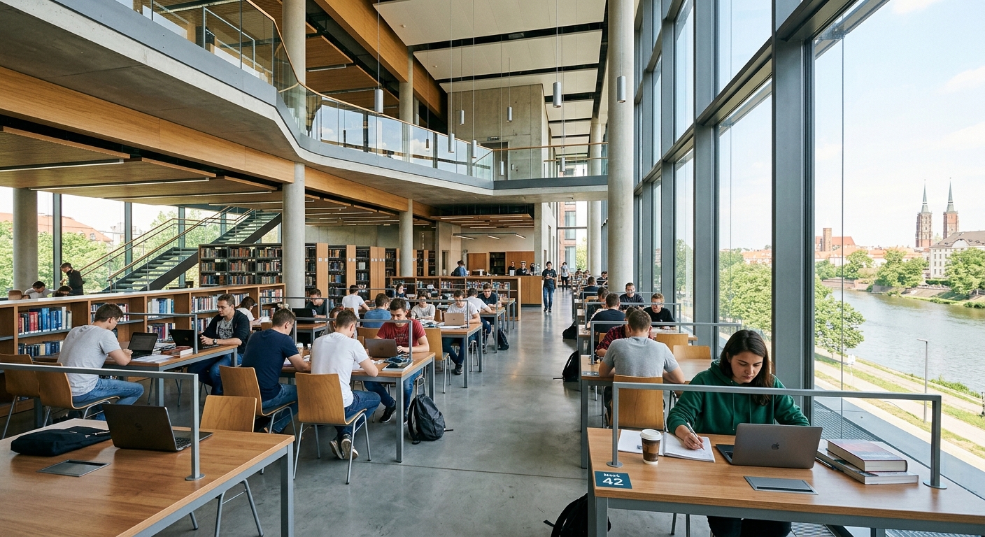 Modern University of Wroclaw library building interior with students studying at desks, large windows, and contemporary design elements