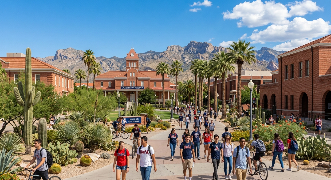 University of Arizona campus in Tucson with red brick buildings, desert landscaping with cacti and palm trees, students walking along pathways under clear blue skies with mountain ranges in the background