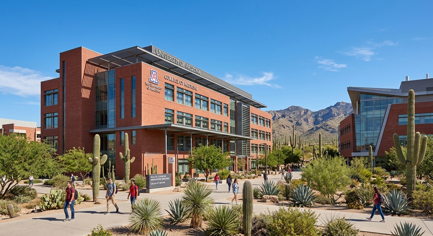 University of Arizona College of Medicine building with red brick architecture, desert landscape with saguaro cacti in background, clear blue sky, Tucson Arizona campus setting with modern medical research facilities