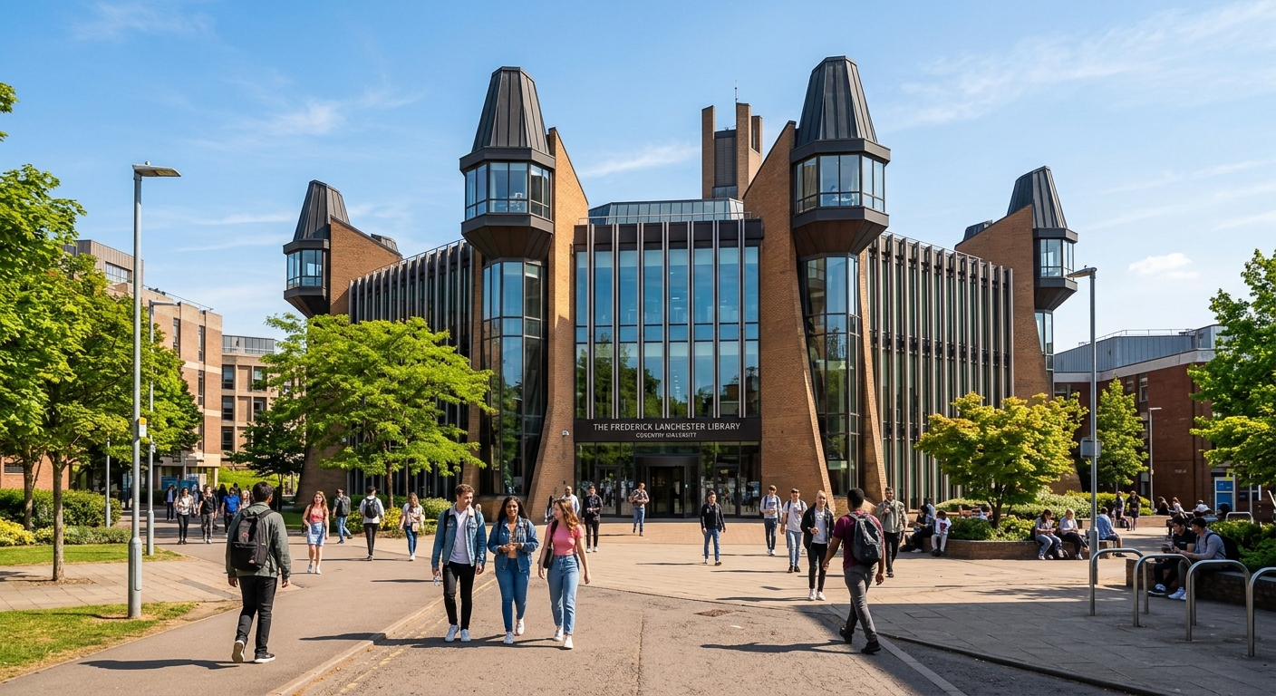The Frederick Lanchester Library at Coventry University, a striking modern building with distinctive turrets and large glass windows allowing natural light, students walking outside on a sunny day