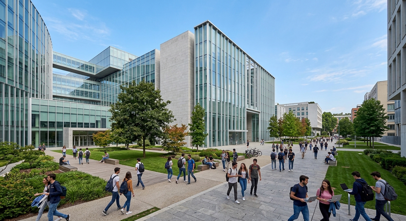 Bocconi University modern campus in Milan Italy with contemporary architecture, students walking through the courtyard, green spaces and glass-facade buildings under clear blue sky