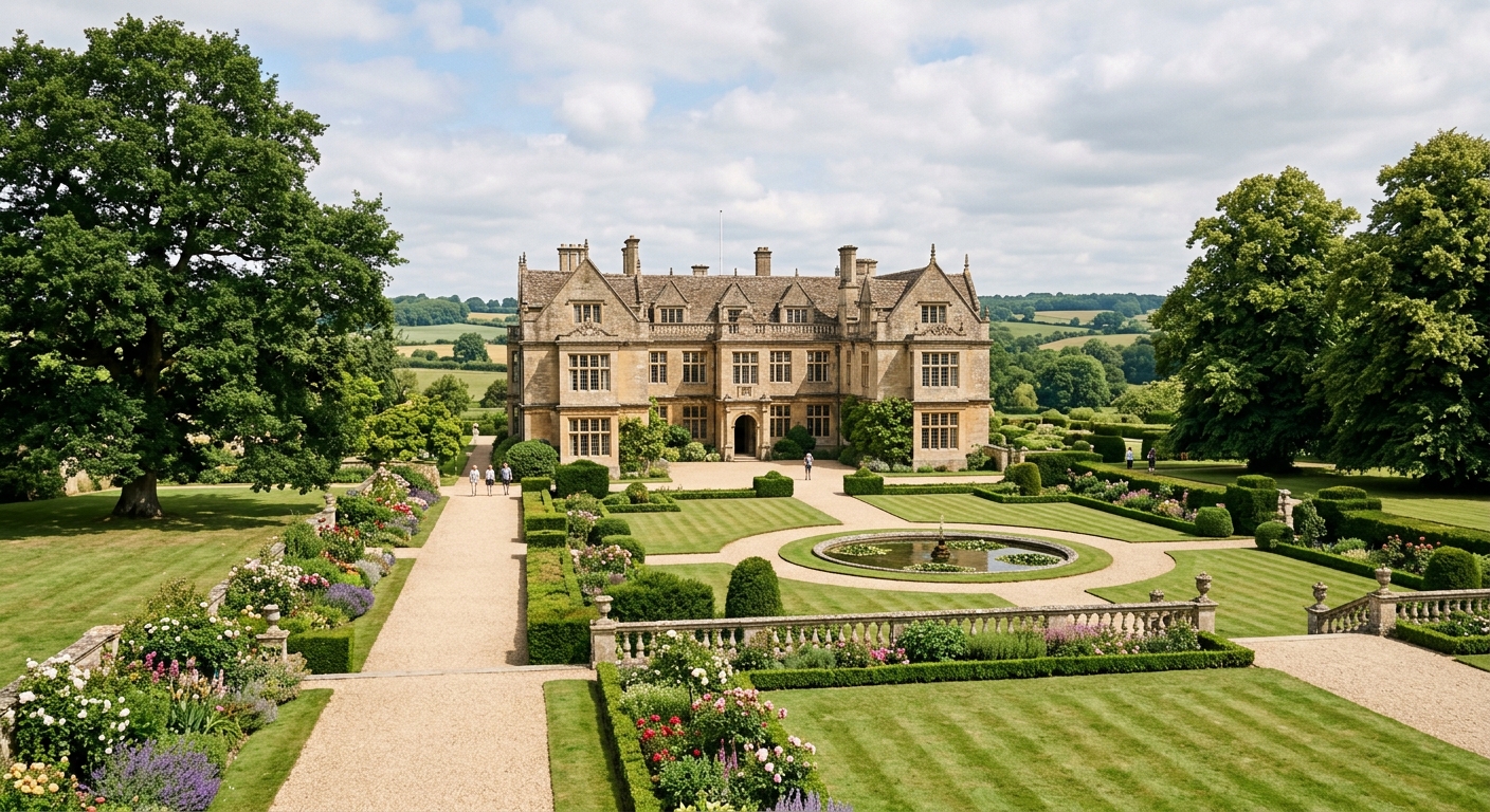 Corsham Court historic Grade I listed Elizabethan manor house surrounded by formal gardens and ancient trees in the Wiltshire countryside