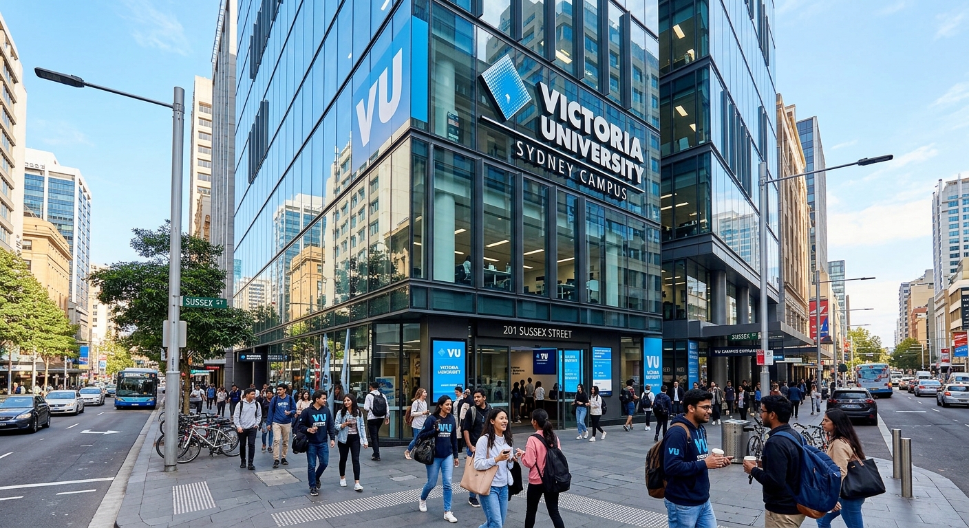 Victoria University Sydney campus building on Sussex Street in Sydney CBD, modern glass facade with VU branding, bustling city streets with international students, clear blue Australian sky