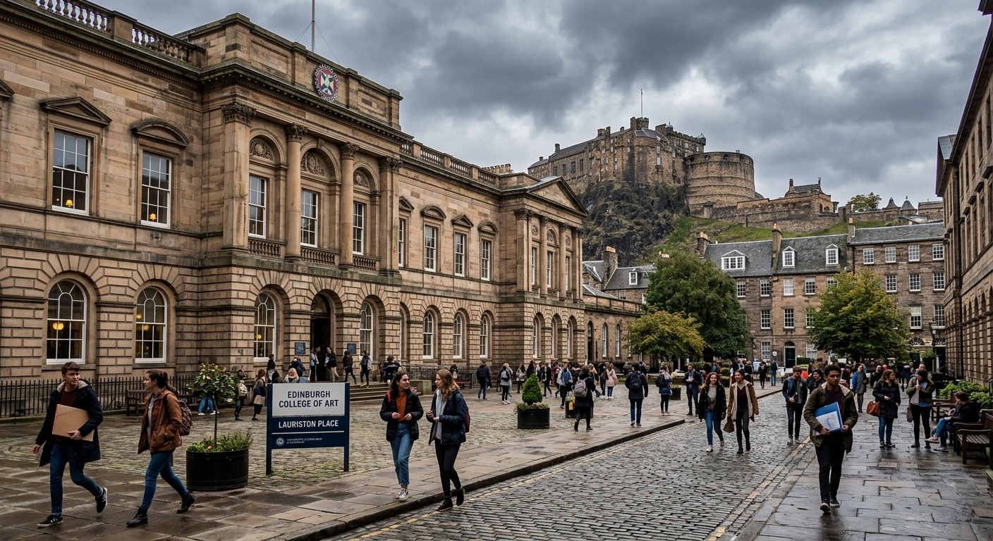 Historic Edinburgh College of Art campus at Lauriston Place with classical stone architecture, students walking through courtyard, Edinburgh Castle visible in background, overcast Scottish sky