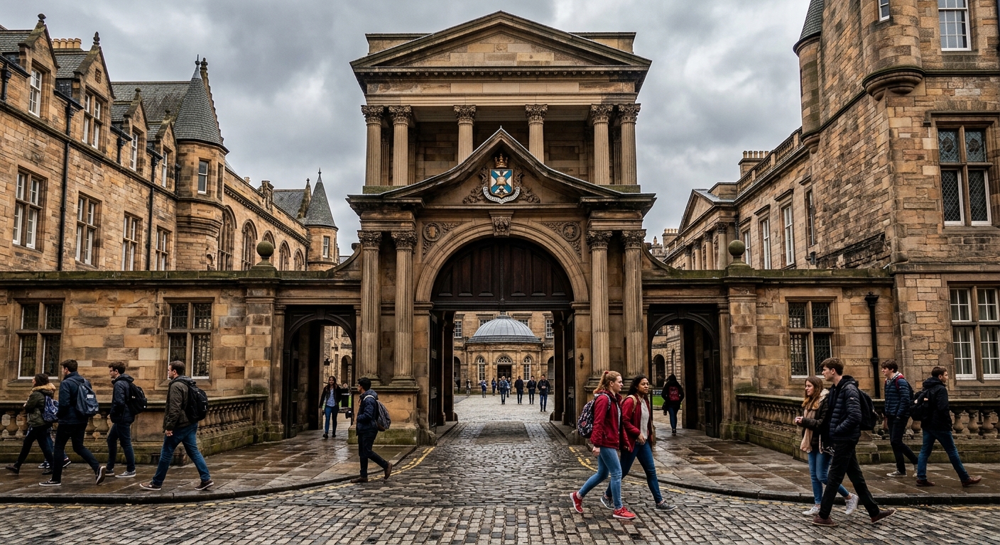 Historic sandstone buildings of the University of Edinburgh Old Town campus with cobblestone streets, classical architecture columns, and students walking through an arched entrance under overcast Scottish skies