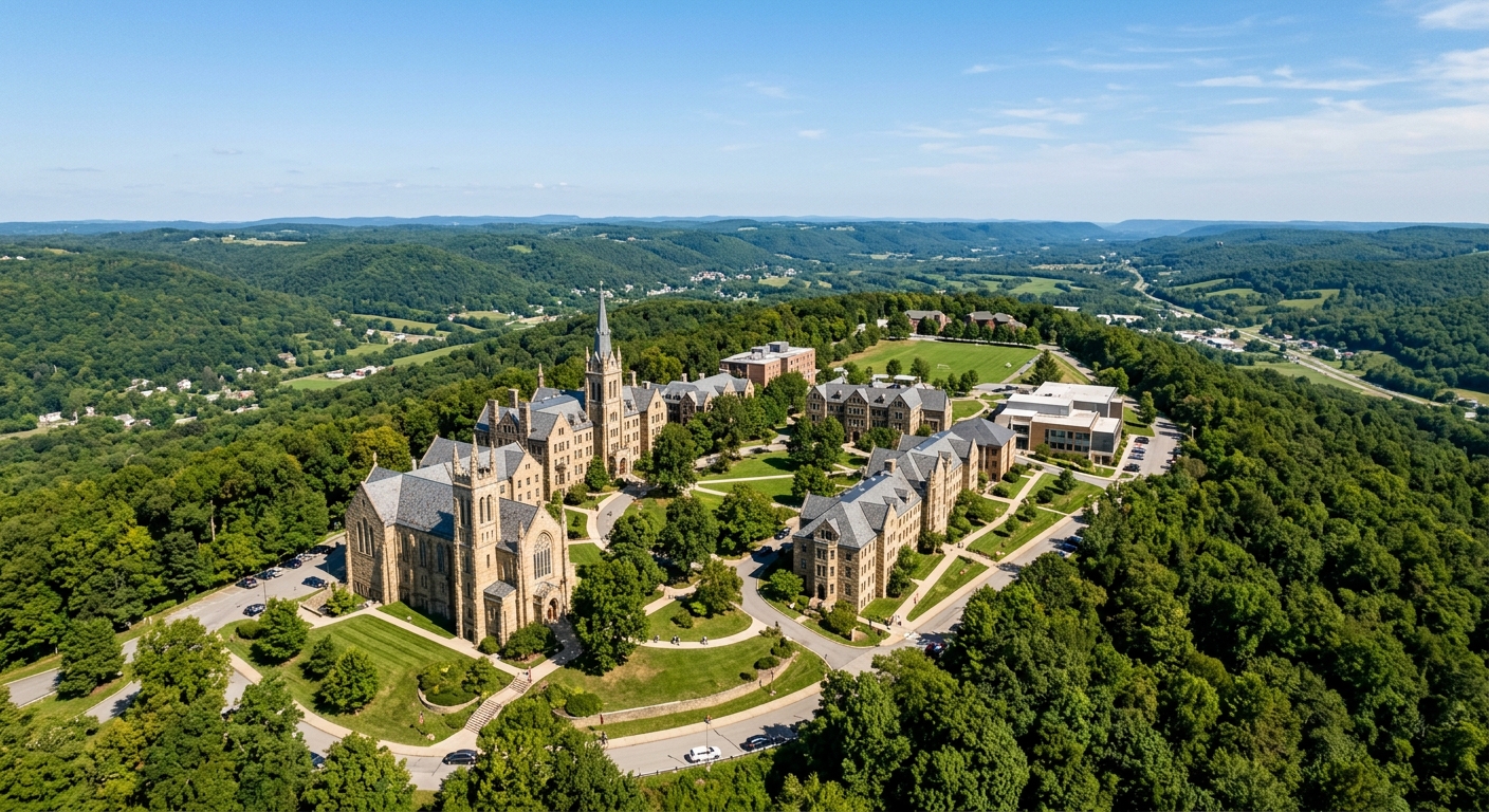 Seton Hill University hilltop campus wide shot, Gothic stone buildings surrounded by lush green wooded hills, Pennsylvania Laurel Highlands landscape, clear blue sky, 200-acre campus