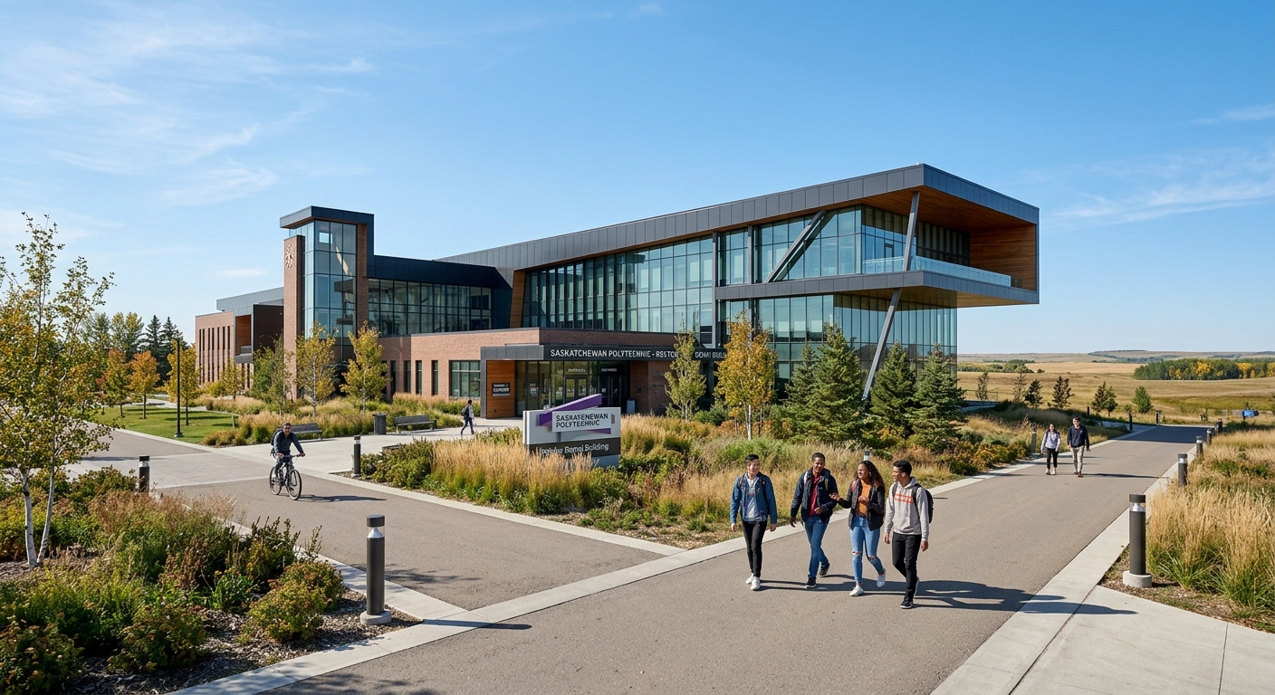 Modern Saskatchewan Polytechnic campus building in Saskatoon with students walking along pathways, contemporary architecture surrounded by Canadian prairie landscape, clear sky