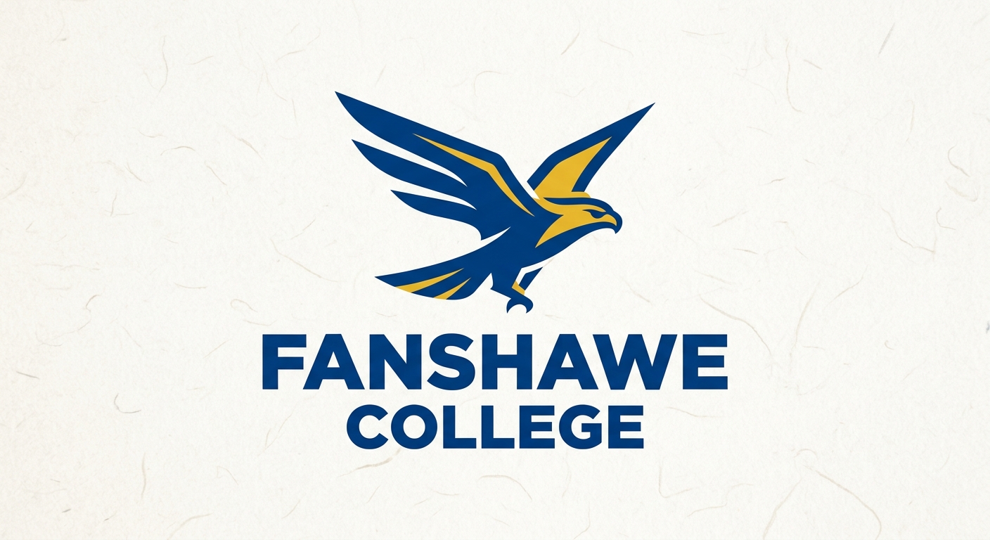 Fanshawe College official logo, stylized falcon emblem with college name in bold text, blue and gold color scheme
