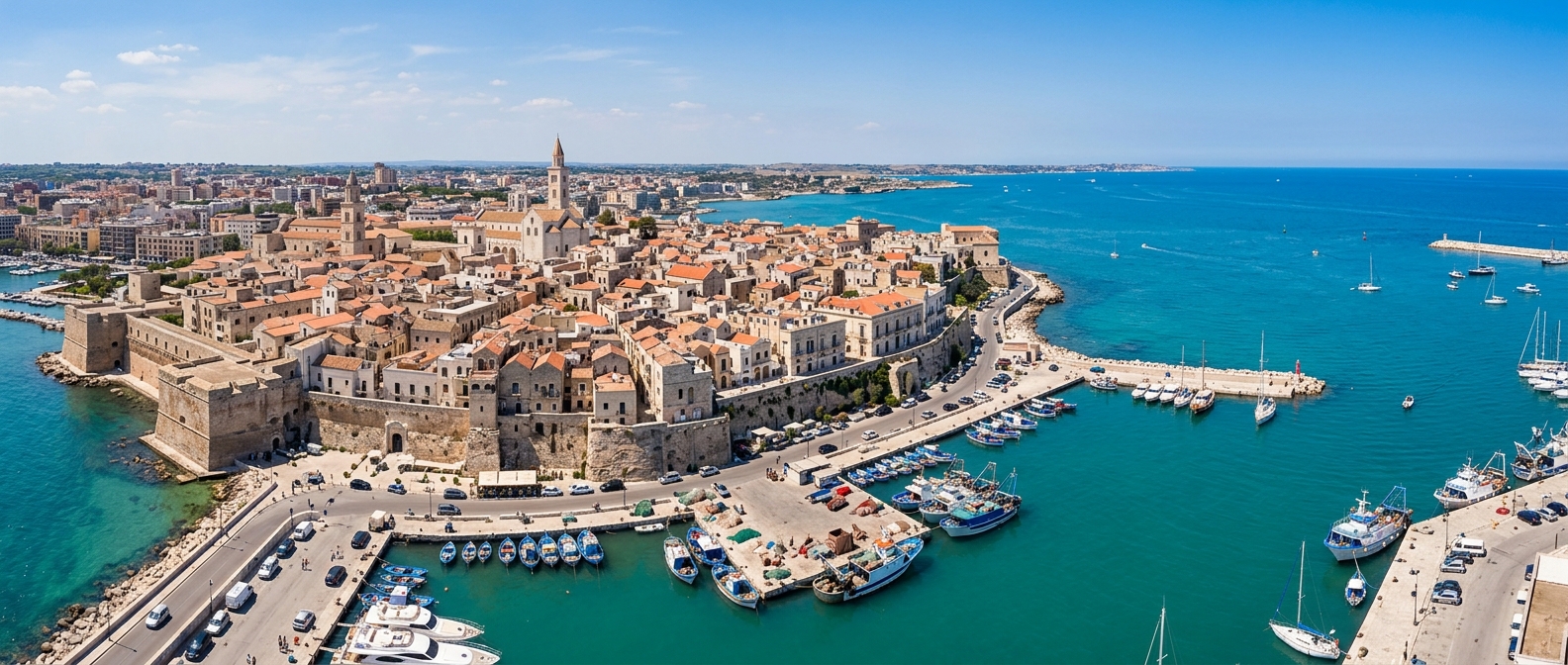 Panoramic view of Bari old town and harbor on the Adriatic Sea, historic buildings with terracotta roofs, fishing boats in the port, blue Mediterranean waters, clear sky, Southern Italy coastline