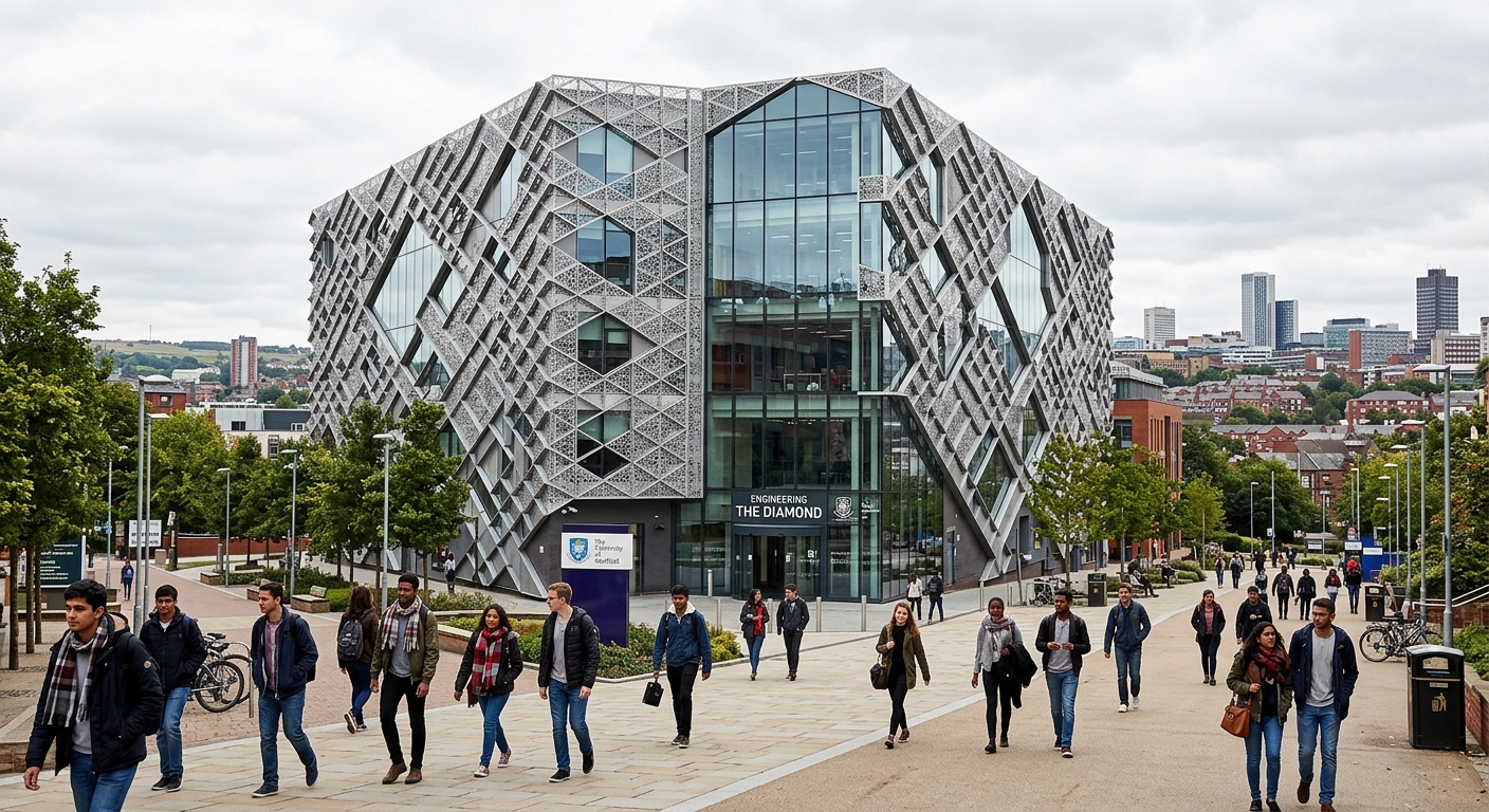 University of Sheffield Faculty of Engineering building exterior with The Diamond modern glass and steel structure, students walking on campus paths, Sheffield cityscape in background, bright overcast British sky