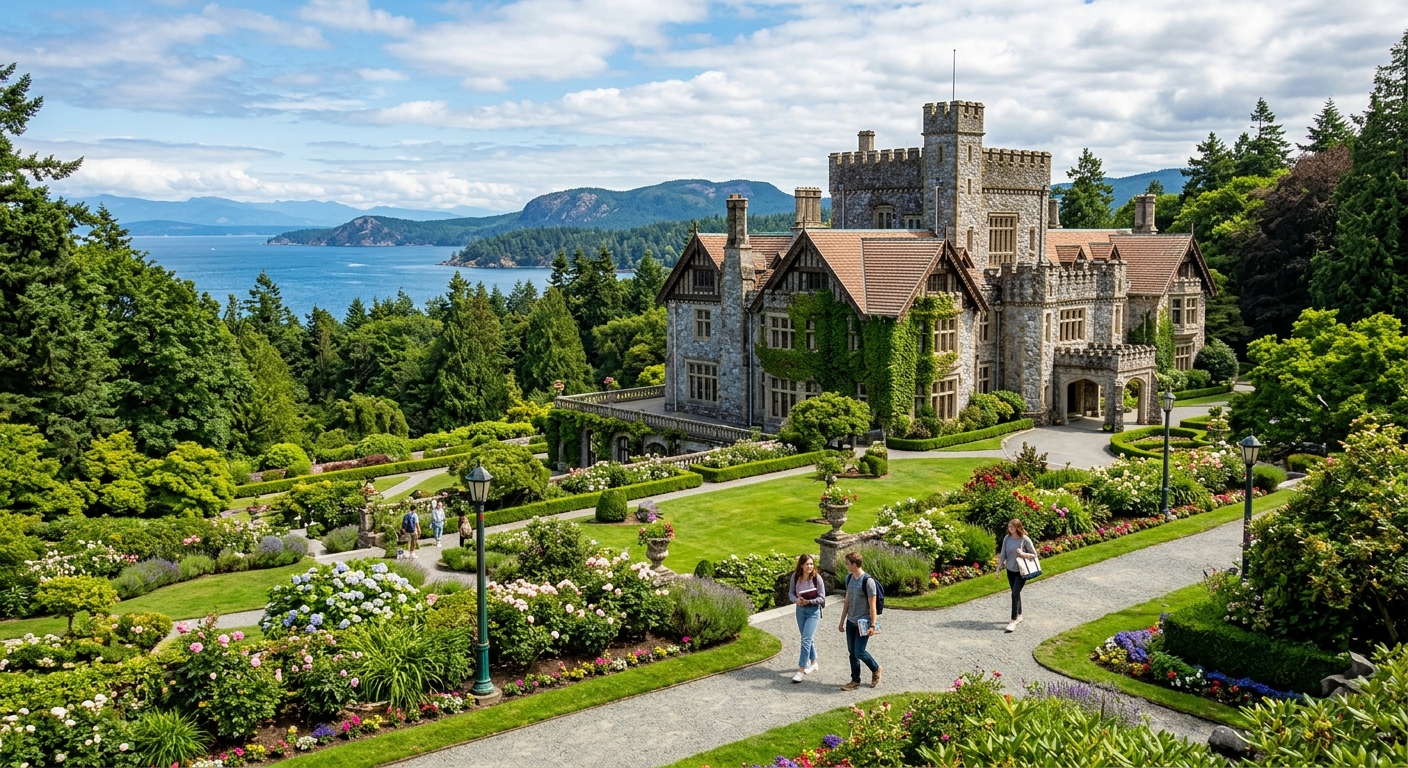 Historic Hatley Castle surrounded by lush green gardens at Royal Roads University campus in Colwood, British Columbia, with Pacific Northwest forest and ocean views in the background, students walking along pathways