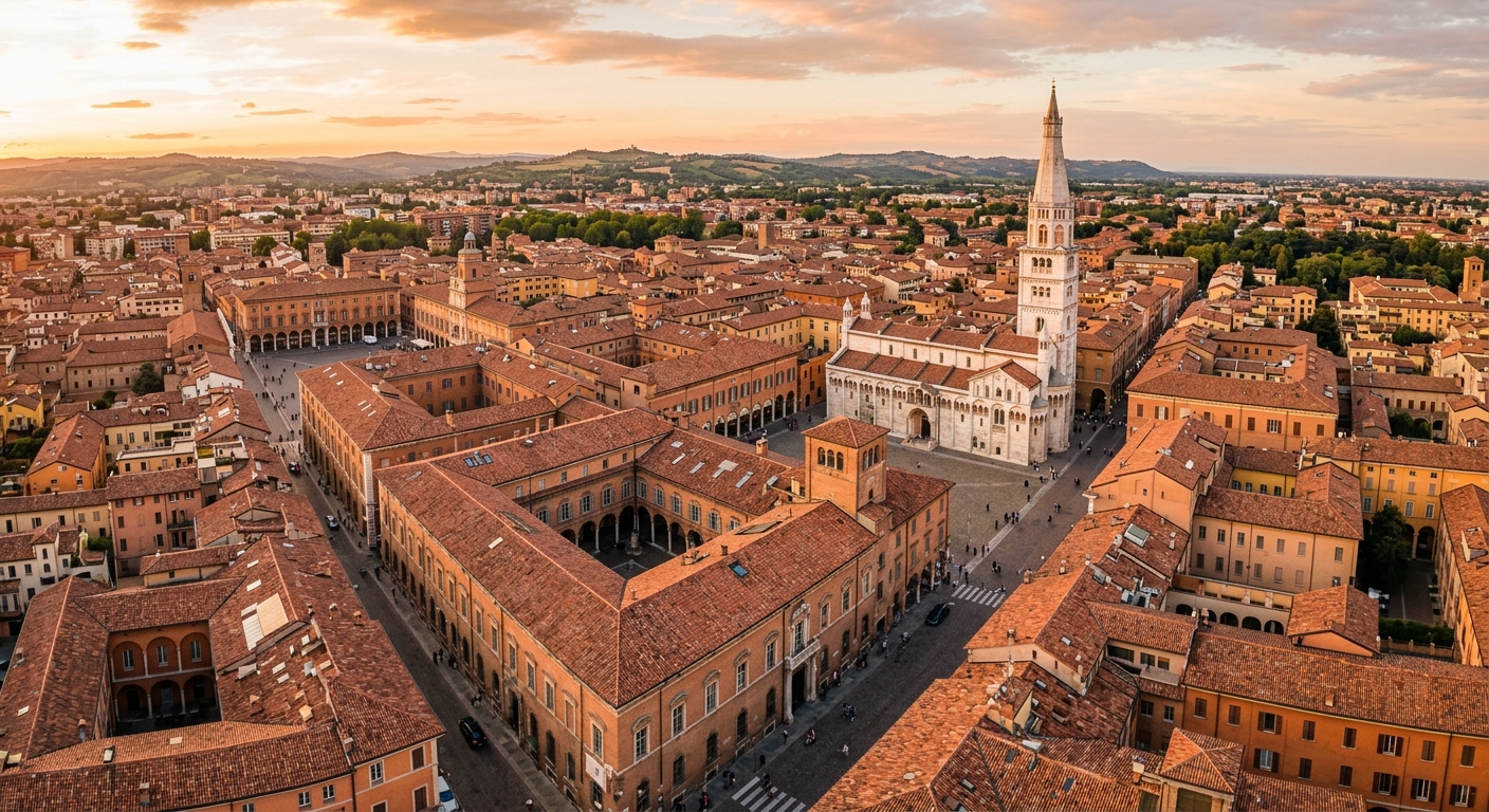 Aerial view of the University of Modena and Reggio Emilia historic campus buildings in Modena city center, terracotta rooftops, Romanesque architecture, Emilia-Romagna region, warm golden hour light
