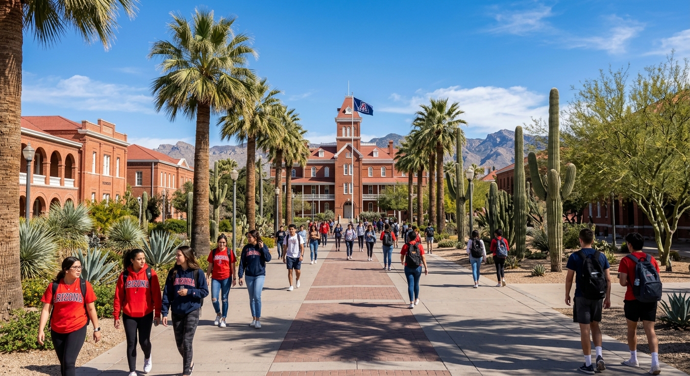 University of Arizona campus in Tucson with red brick buildings, desert landscape, Saguaro cacti, and students walking along palm-tree-lined pathways under a bright blue sky