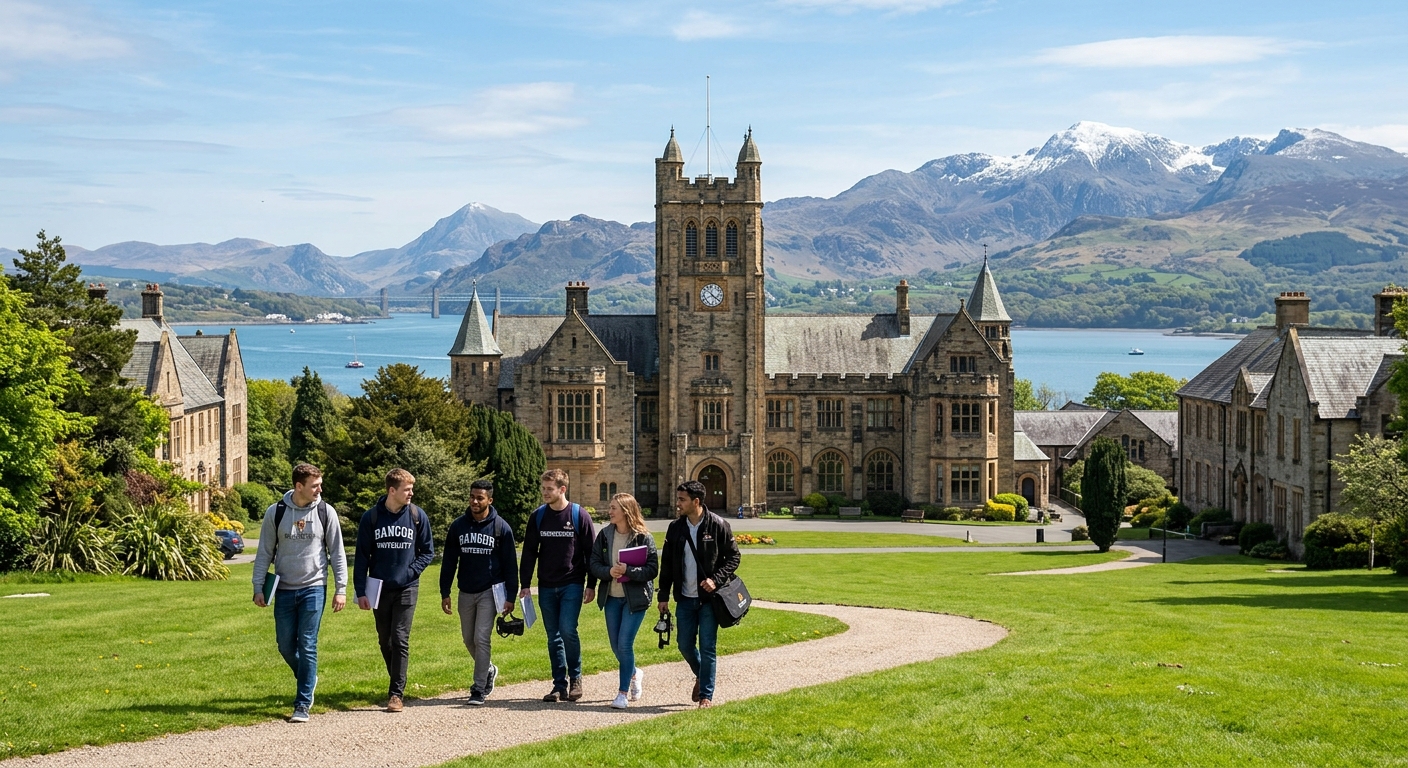 Bangor University campus with historic stone buildings set against the backdrop of Snowdonia mountains and the Menai Strait, engineering students walking across green lawns, clear blue sky over North Wales
